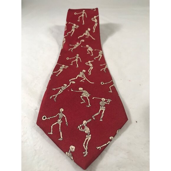 Anatomical Chart Co. Men's Red and Beige Silk Skeletons Playing Sports Neck Tie - Picture 5 of 5